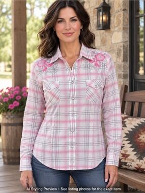 Panhandle Rough Stock Women’s M Pink Plaid Western Pearl Snap Shirt Floral Embro